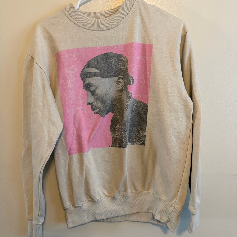 Beige Crewneck Sweatshirt with Pink Portrait Graphic of 2Pac